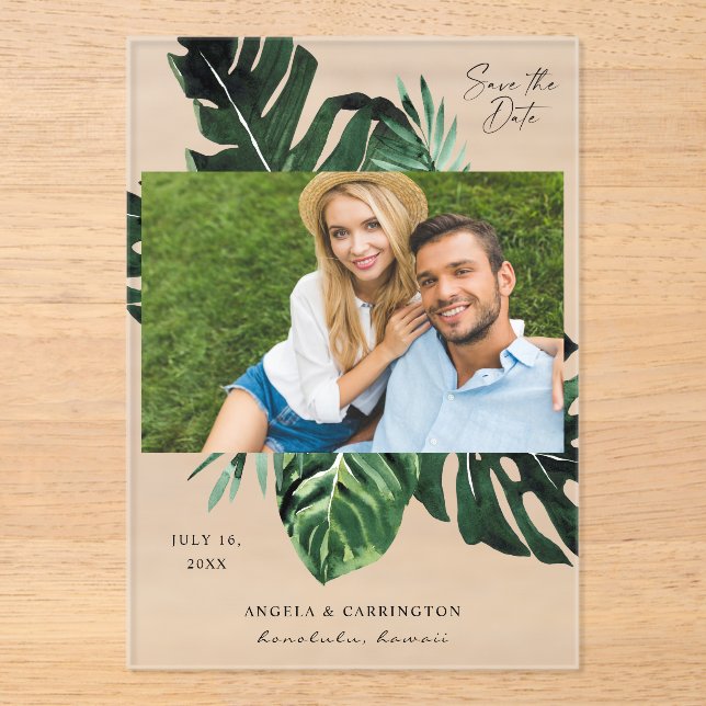 Tropical Palm Leaf Save the Date Photo Acrylic Invitations (Front)