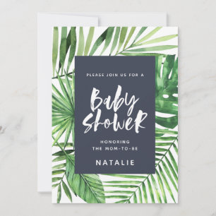 Tropical palm leaf & script baby shower invitation