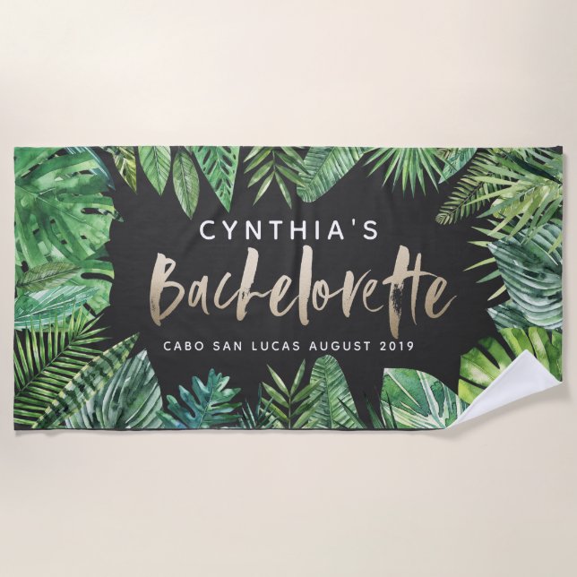 Tropical palm leaf & script gold bachelorette bann beach towel (Front)