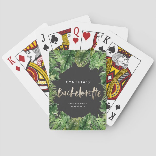 Tropical palm leaf & script gold bachelorette  playing cards (Back)