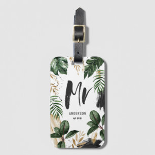 Tropical palm leaf & script mr luggage tag