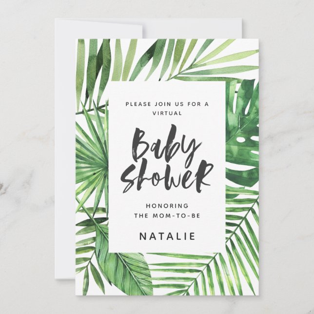 Tropical palm leaf script virtual baby shower save the date (Front)