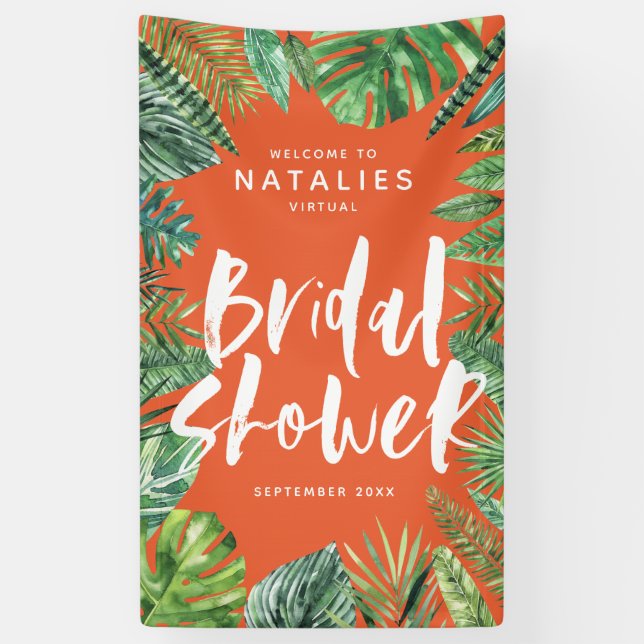 Tropical palm leaf script virtual bridal shower banner (Vertical)