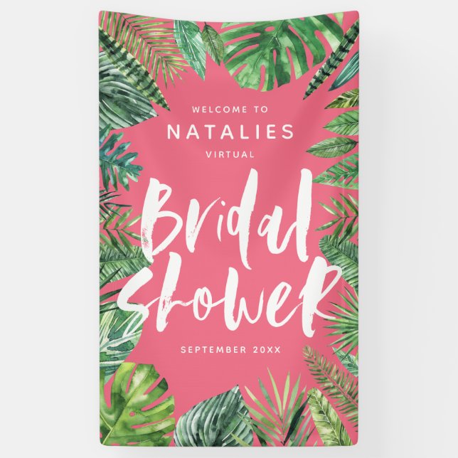 Tropical palm leaf & script virtual bridal shower banner (Vertical)