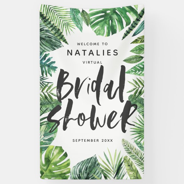Tropical palm leaf & script virtual bridal shower banner (Vertical)