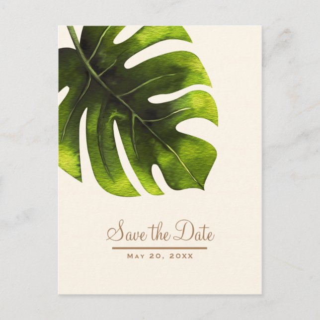 Tropical Palm Leaf Summer Elegant Save the Date Announcement Postcard (Front)