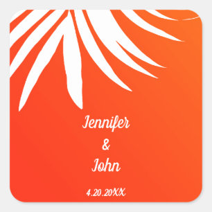Tropical Palm Leaf Sunset Orange Beach Wedding Square Sticker