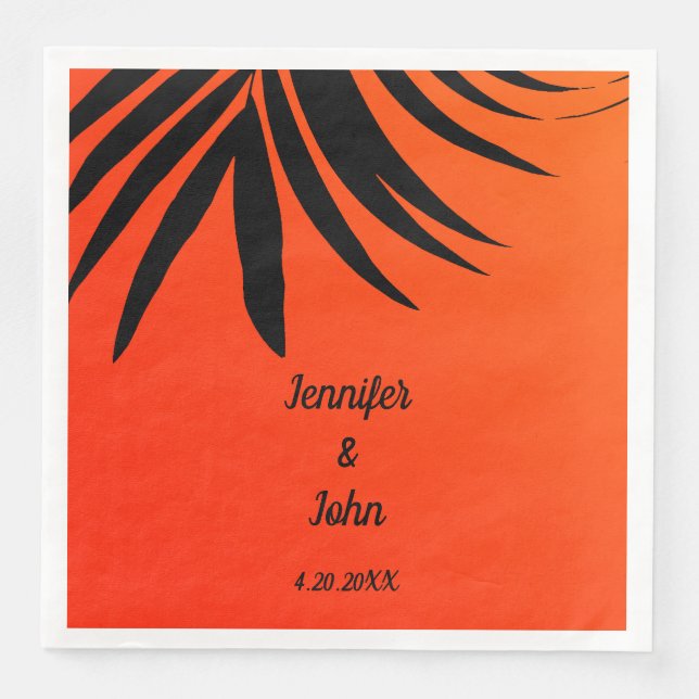 Tropical Palm Leaf Sunset Orange Modern Wedding Napkin (Front)