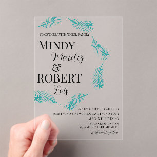 Tropical Palm Leaf Teal Wedding Invitation
