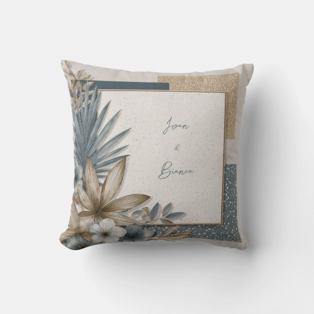 Tropical Palm Leaf Terrazzo Geometric Gold Texture Cushion (Front)