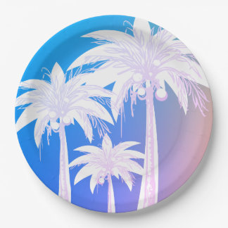 Tropical Palm Leaf Watercolor Colourful Blue Pink Paper Plate
