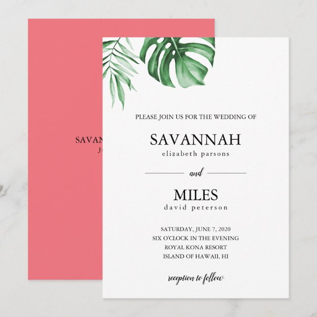 Tropical palm leaf wedding invitation (Front/Back)