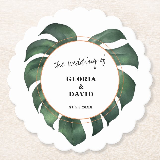 Tropical Palm Leaf  Wedding Paper Coaster (Front)
