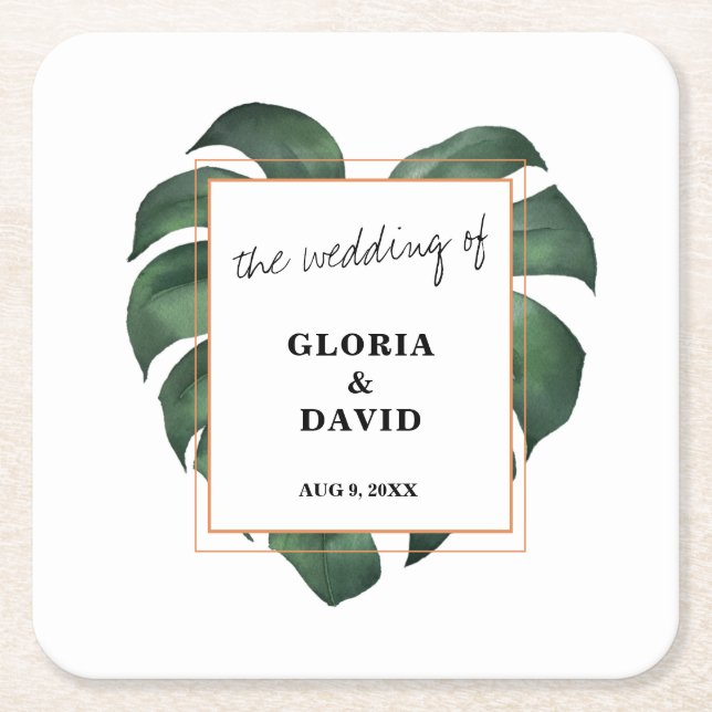 Tropical Palm Leaf  Wedding Square Paper Coaster (Front)