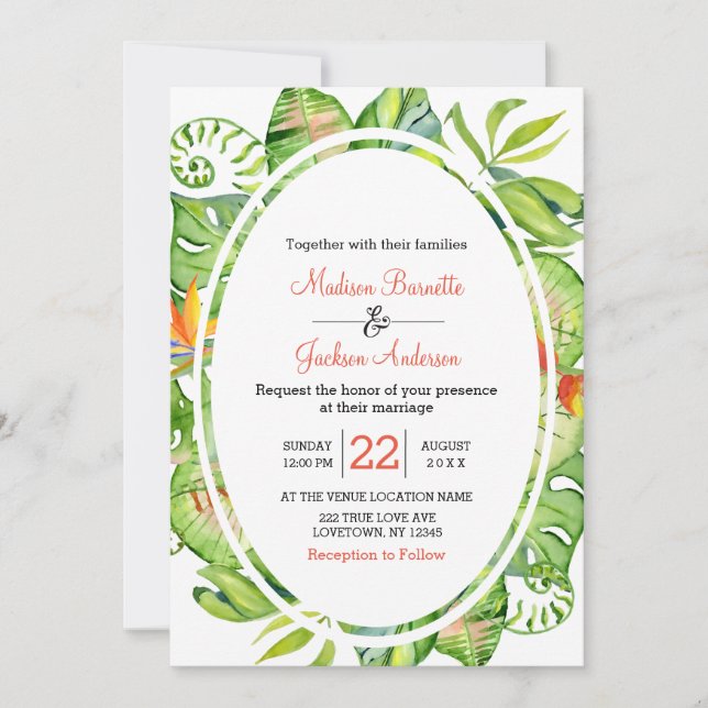 Tropical Palm Leaf Wreath Wedding Invitation (Front)