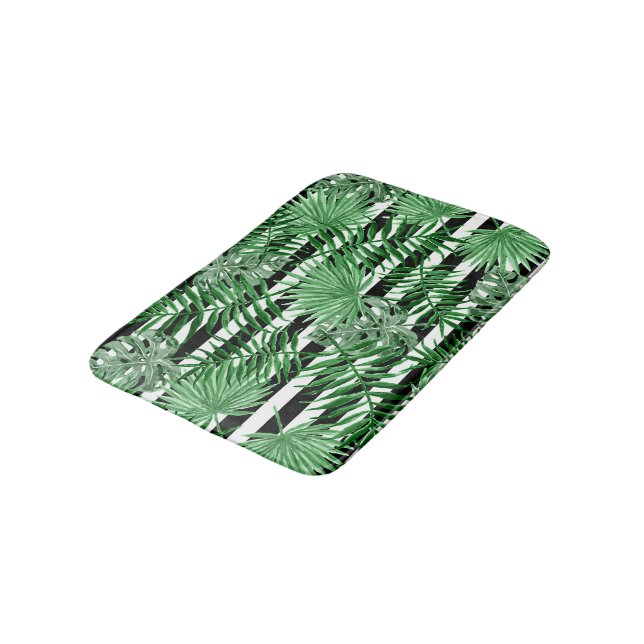 Tropical Palm Leafs Black White Stripes Pattern Bath Mat (Angled)
