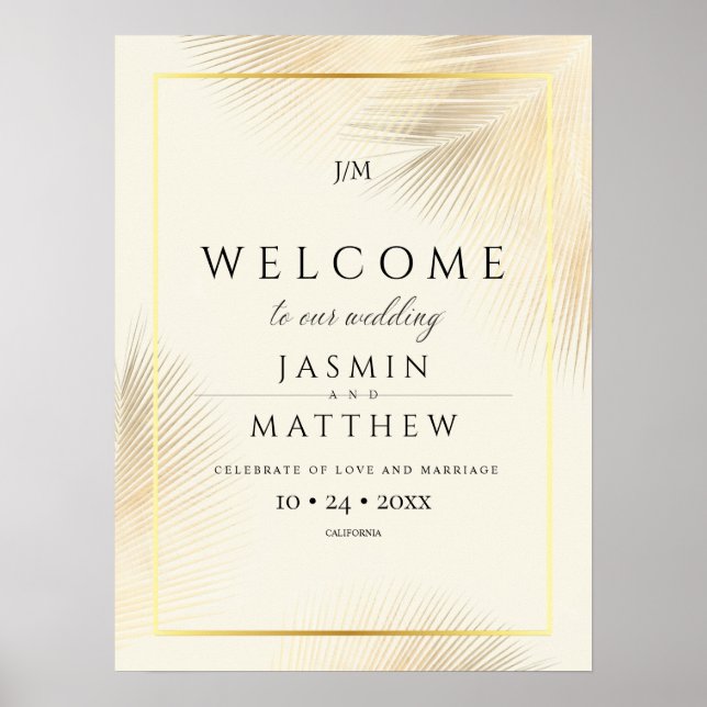 Tropical Palm Leafs Wedding Welcome Sign (Front)