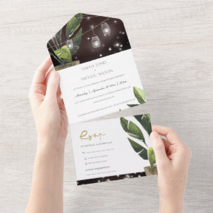 TROPICAL PALM LEAFY FOLIAGE STRING LIGHTS WEDDING  ALL IN ONE INVITATION