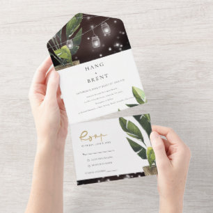 Tropical Palm Leafy Foliage String Lights Wedding All In One Invitation