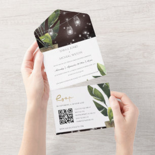 Tropical Palm Leafy String Lights Wedding QR Code All In One Invitation