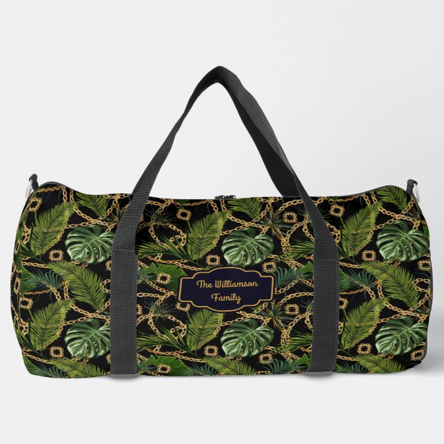 Tropical Palm Leave Golden Chains Luxury Travel Duffle Bag (Front)