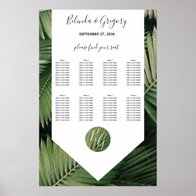 Tropical Palm Leave Greenery Wedding Seating Chart (Front)