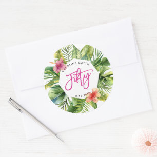 tropical palm leaves 50th birthday party sticker