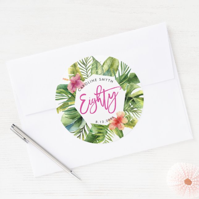 tropical palm leaves 80th birthday party sticker (Envelope)