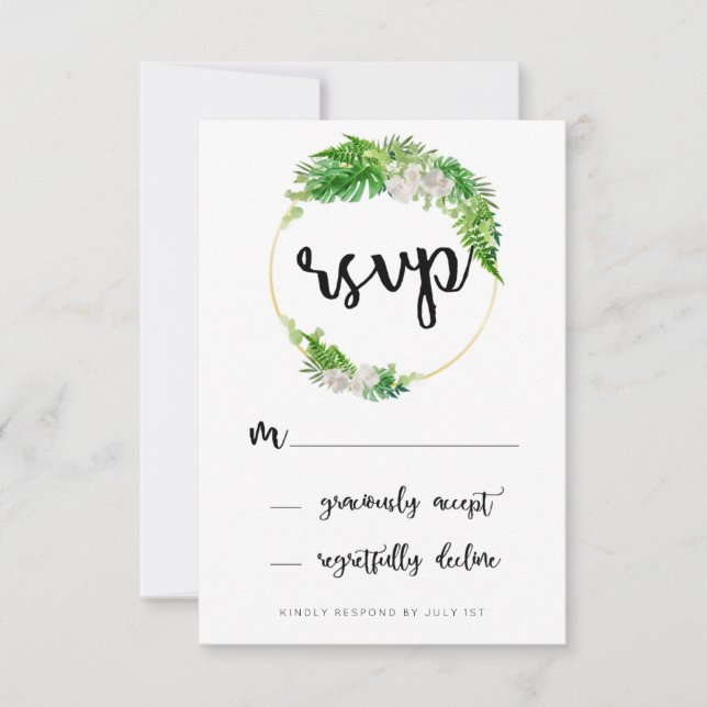 Tropical Palm Leaves and Greenery Wreath RSVP Card (Front)