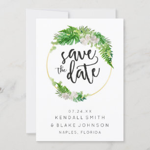 Tropical Palm Leaves and Greenery Wreath Save The Date