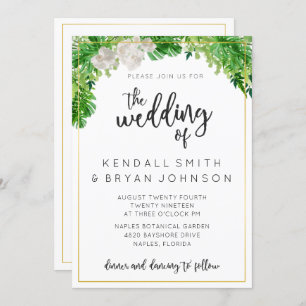 Tropical Palm Leaves and Greenery Wreath Wedding Invitation