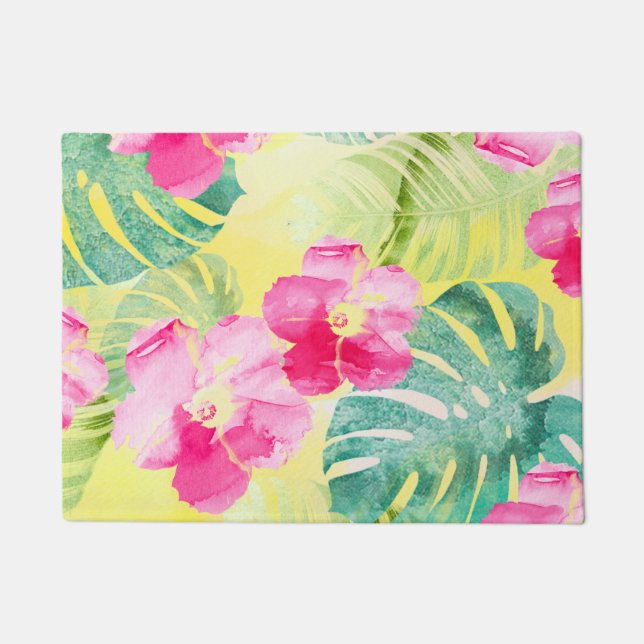 Tropical Palm Leaves and Pink Hibiscus Flowers Doormat (Front)