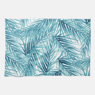 Tropical Palm Leaves Aqua Watercolor Tea Towel