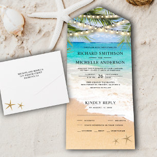 Tropical Palm Leaves Beach String Lights Wedding All In One Invitation