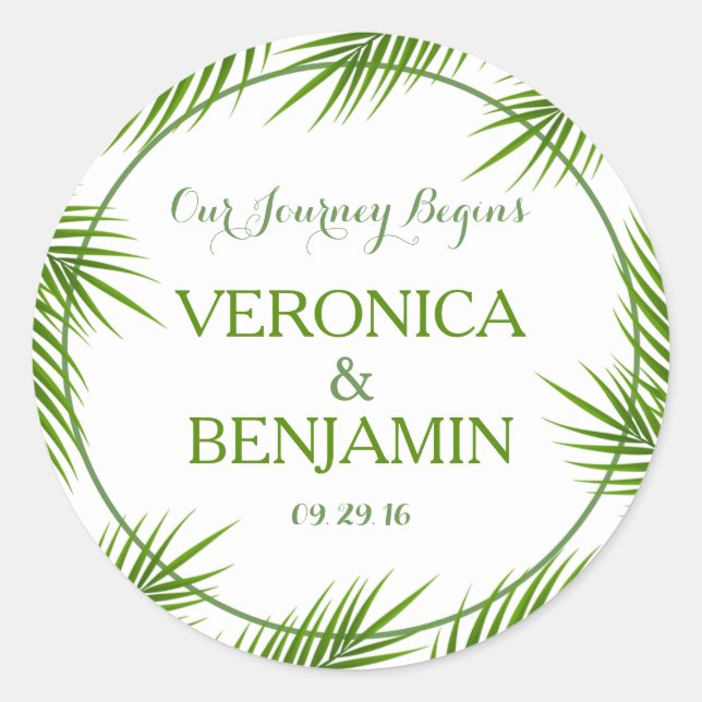 Tropical Palm Leaves Beach Wedding Classic Round Sticker (Front)