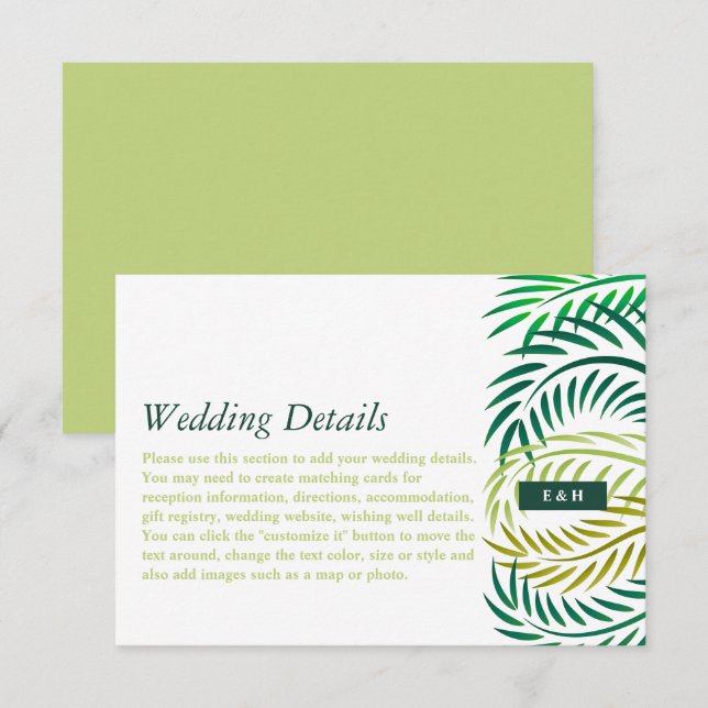 Tropical Palm Leaves, Beach Wedding Detail Enclosure Card (Front/Back)