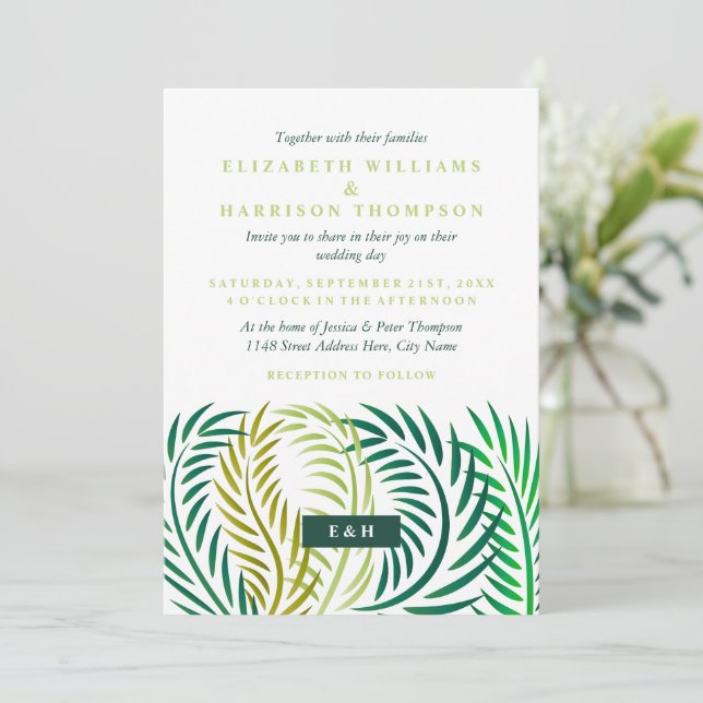 Tropical Palm Leaves, Beach Wedding Invitation (Standing Front)