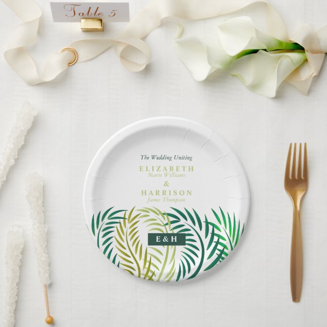 Tropical Palm Leaves, Beach Wedding Paper Plate (Wedding)