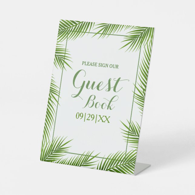 Tropical Palm Leaves Beach Wedding Pedestal Sign (Front)