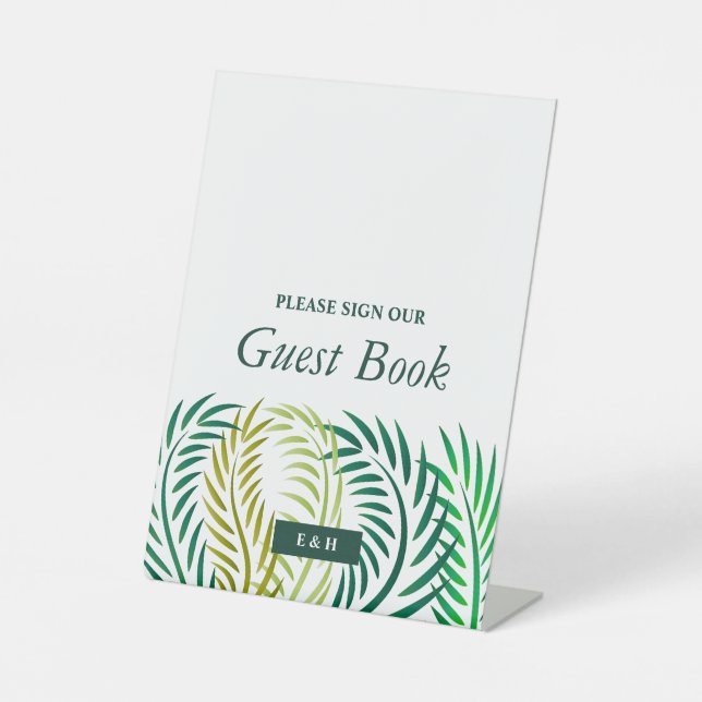 Tropical Palm Leaves, Beach Wedding Pedestal Sign (Front)