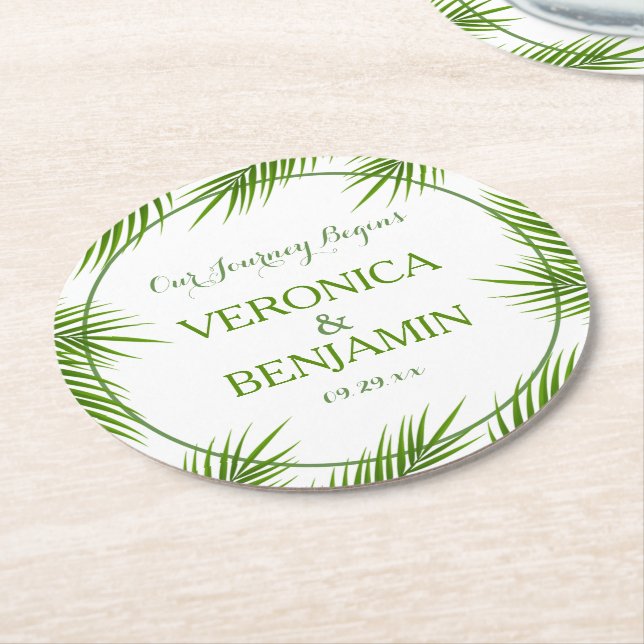 Tropical Palm Leaves Beach Wedding Round Paper Coaster (Angled)