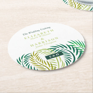 Tropical Palm Leaves, Beach Wedding Round Paper Coaster