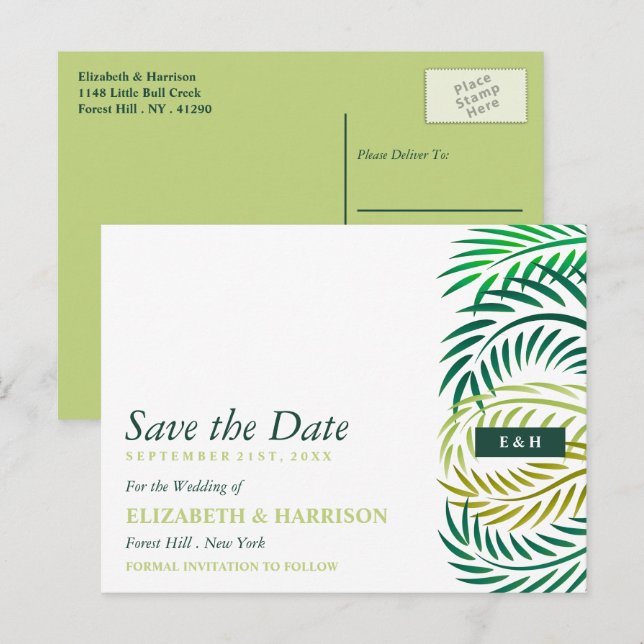 Tropical Palm Leaves, Beach Wedding Save the Date Postcard (Front/Back)