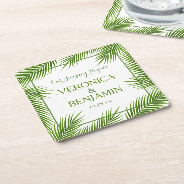 Tropical Palm Leaves Beach Wedding Square Paper Coaster (Angled)