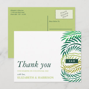 Tropical Palm Leaves, Beach Wedding Thank You Postcard