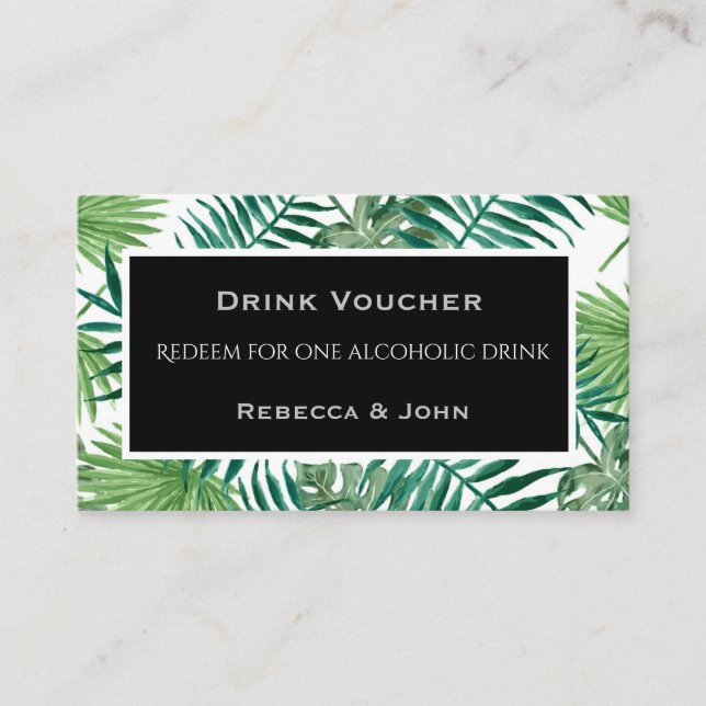 Tropical Palm Leaves Black Wedding Drink Voucher Enclosure Card (Front)