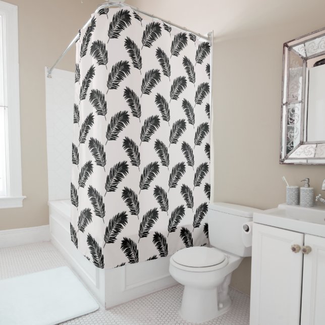 Tropical Palm Leaves Black White Shower Curtain (In Situ)