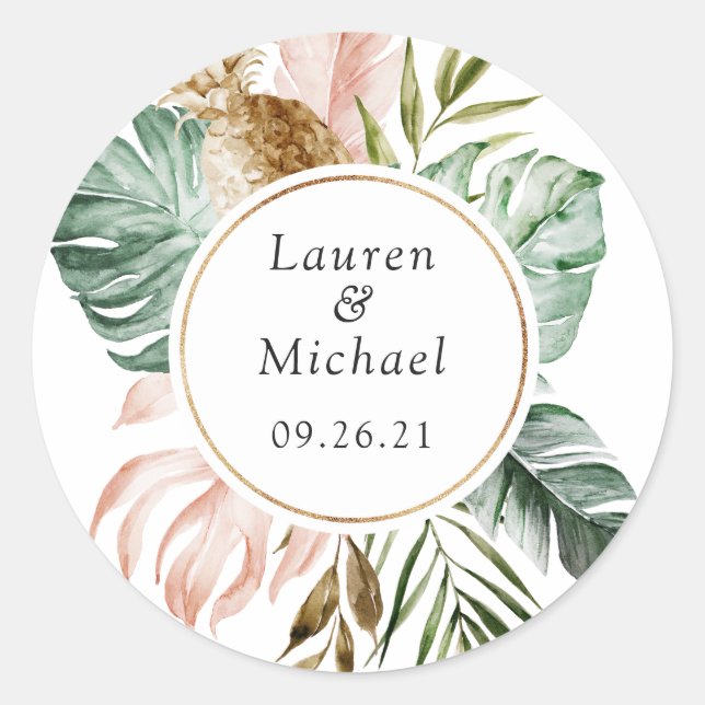 Tropical Palm Leaves Blush Greenery Modern Wedding Classic Round Sticker (Front)