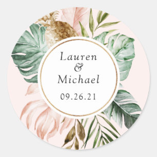 Tropical Palm Leaves Blush Greenery Modern Wedding Classic Round Sticker
