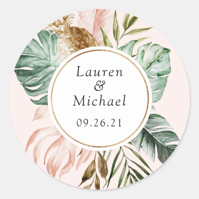 Tropical Palm Leaves Blush Greenery Modern Wedding Classic Round Sticker (Front)